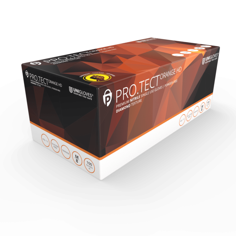 UNIGLOVE PRO TECT HD PF NITRILE DIAMOND GRIP GLOVES, ORANGE,